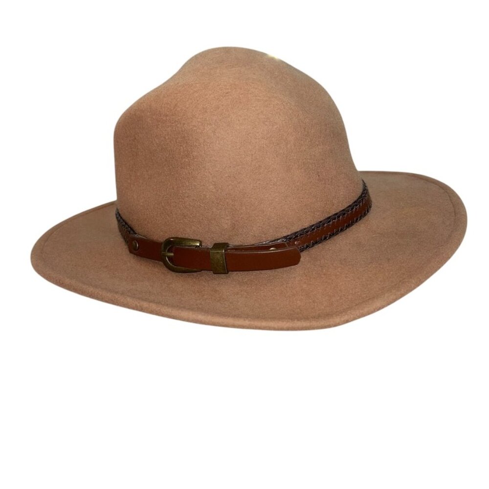 Designer Brown Wool Felt leather belted fedora womens hat
